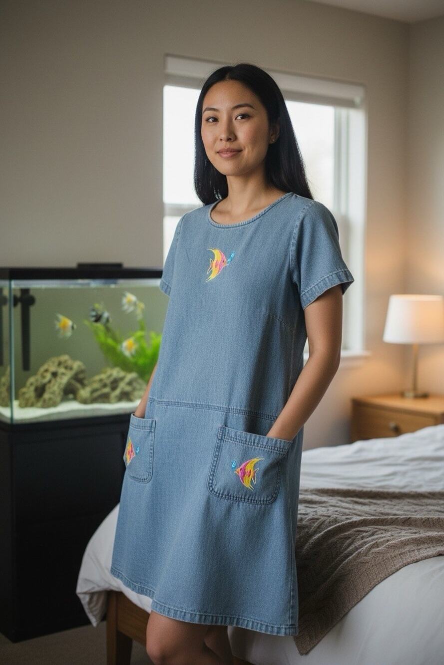 Vintage CB Casual S Denim Chambray Embroidered Angel Fish Drop Waist Dress